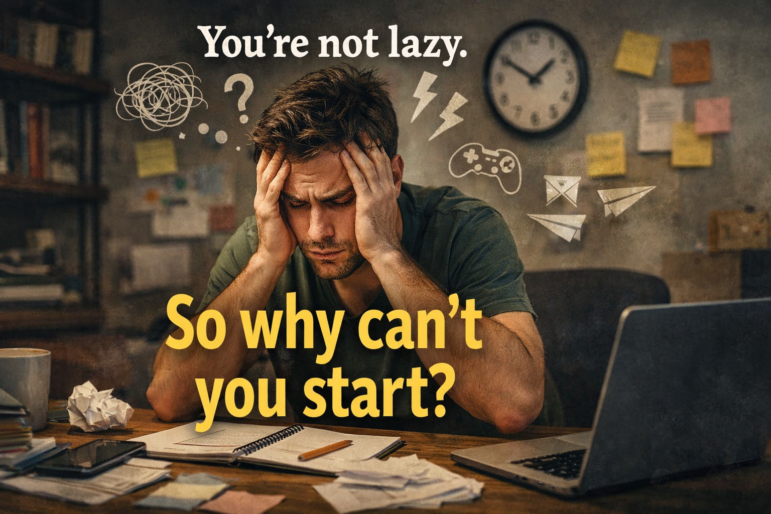 Man sitting at a cluttered desk holding his head in frustration, surrounded by notes and distractions, symbolizing ADHD overwhelm and difficulty starting tasks.