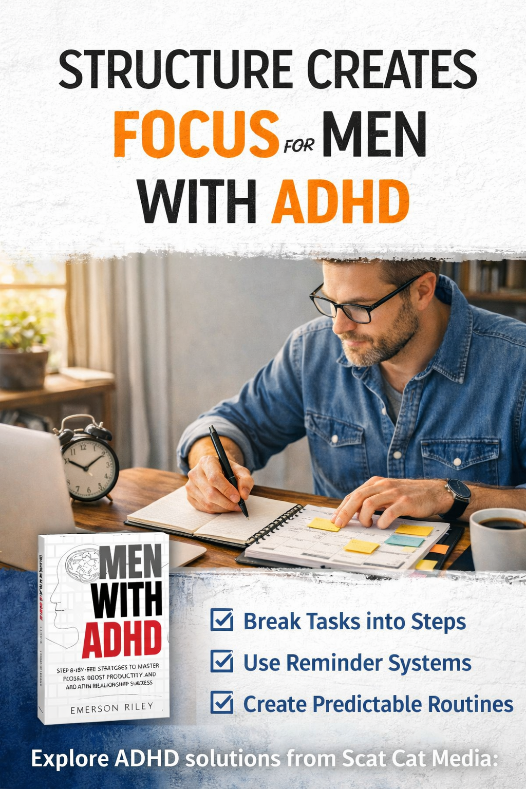 A focused man sitting at a desk organizing notes in a notebook, representing structured thinking and clarity overcoming ADHD overwhelm.