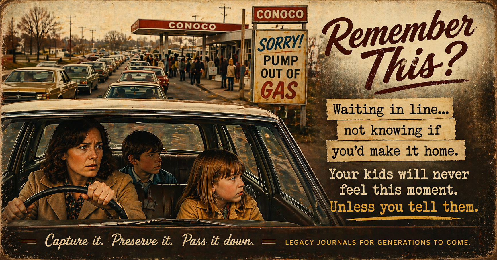 Vintage 1970s-style scene of a family sitting in a car in a long gas line, with a “Sorry, Pump Out of Gas” sign, capturing tension, uncertainty, and everyday resilience.
