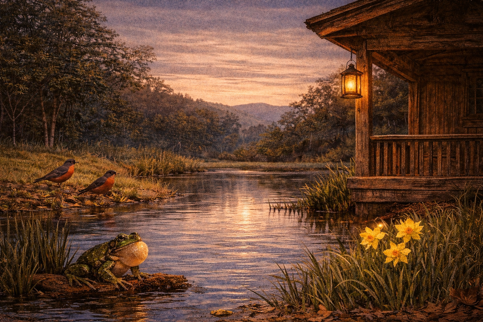 Twilight view of an Appalachian pond with a bullfrog at the water’s edge, robins nearby, and yellow daffodils blooming in early spring.
