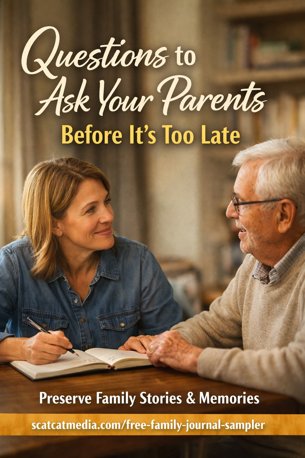 Adult child sitting with elderly parent at a kitchen table, asking thoughtful questions while writing in a guided family legacy journal.