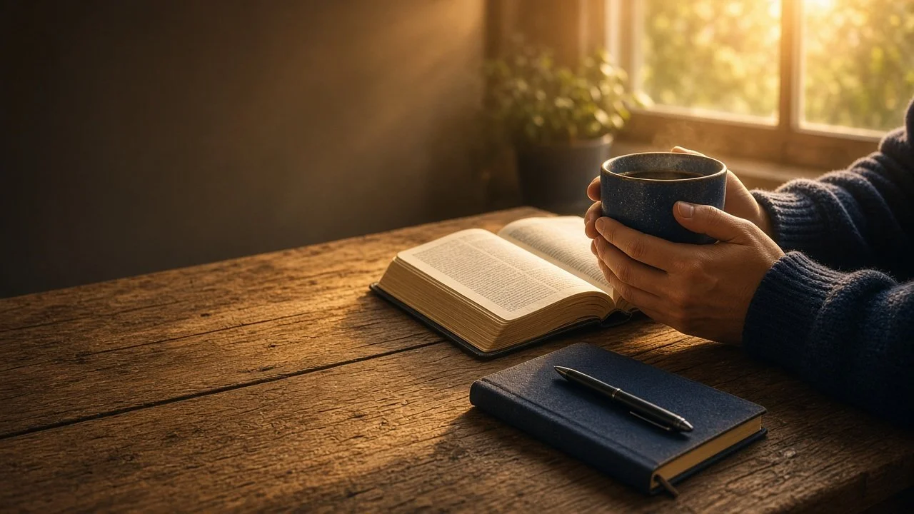 Man with coffee, open Bible and journal at sunrise