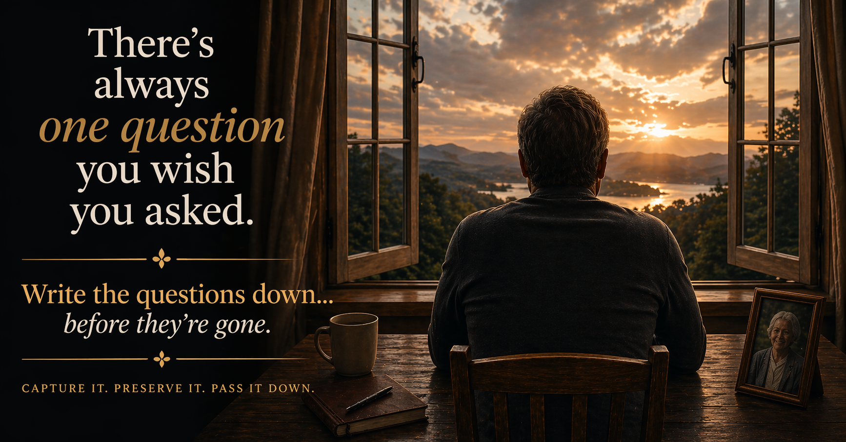 A man sits at a wooden table looking out an open window at a glowing sunset, reflecting quietly with a framed photo nearby, symbolizing remembrance and unanswered questions.
