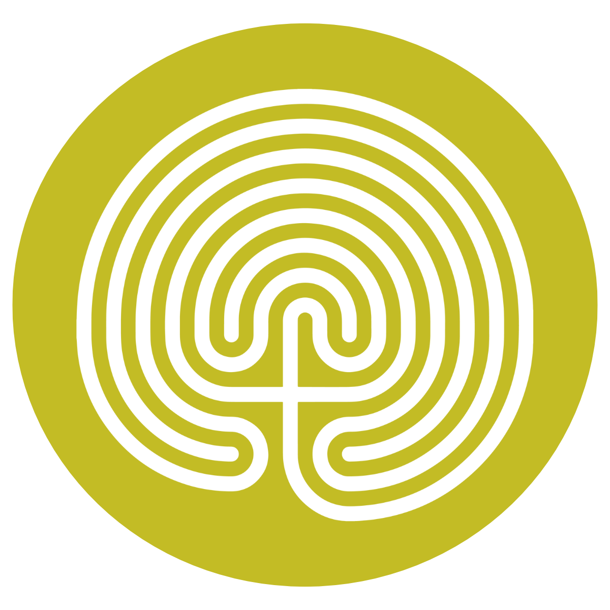 Labyrinth with white lines on an olive green circular background.