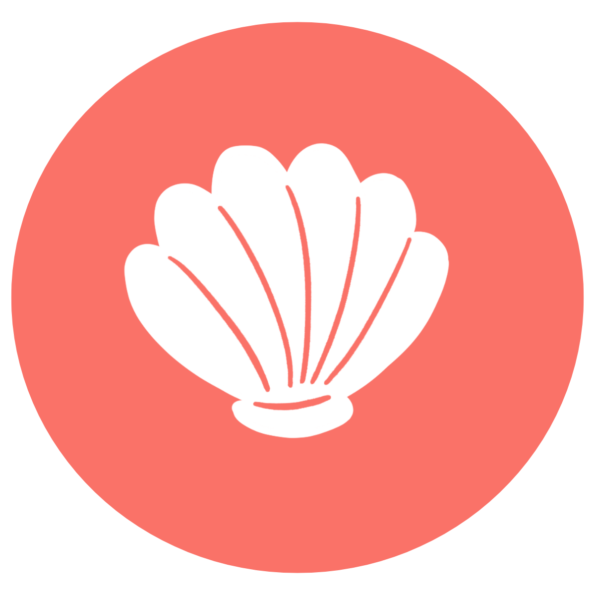 Illustration of a white seashell on a red circular background.