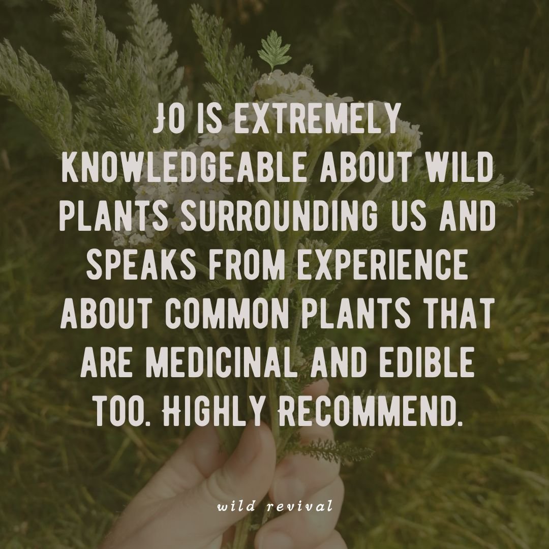 A person holding a bunch of wild plants with white flowers, surrounded by green vegetation in a natural outdoor setting, with a customer testimonial quote overlaid.