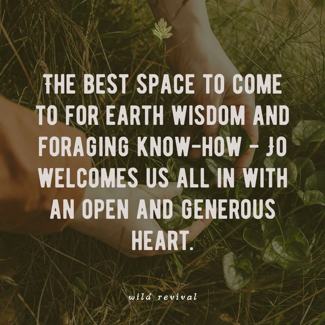 A person is gathering herbs or plants in a natural outdoor setting, surrounded by grass and greenery,  with a customer testimonial quote overlaid.