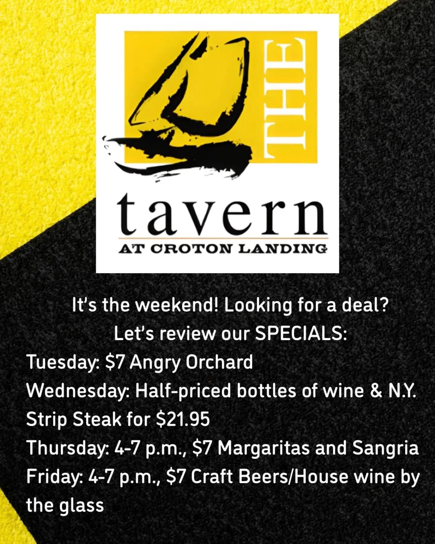 Check it out! We've got specials all week long! Come and see us this weekend after a long day of fall festivals, spooky happenings, and leaf-peeping! 🍂🍁🍃

We can't wait to recharge you with some exquisite food and specialty drinks. 🍻

See you soo
