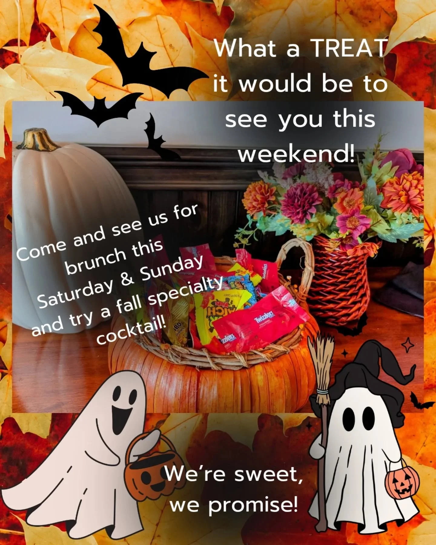 We offer BRUNCH from 11 a.m. - 2 p.m. Saturday and Sunday, and have an alluring array of boo-tiful fall cocktails to offer! 

We bet you'll be SPELLBOUND by our delicious lobster rolls or NY strip steak....mmmmm! 

It's enough to make even the scarie