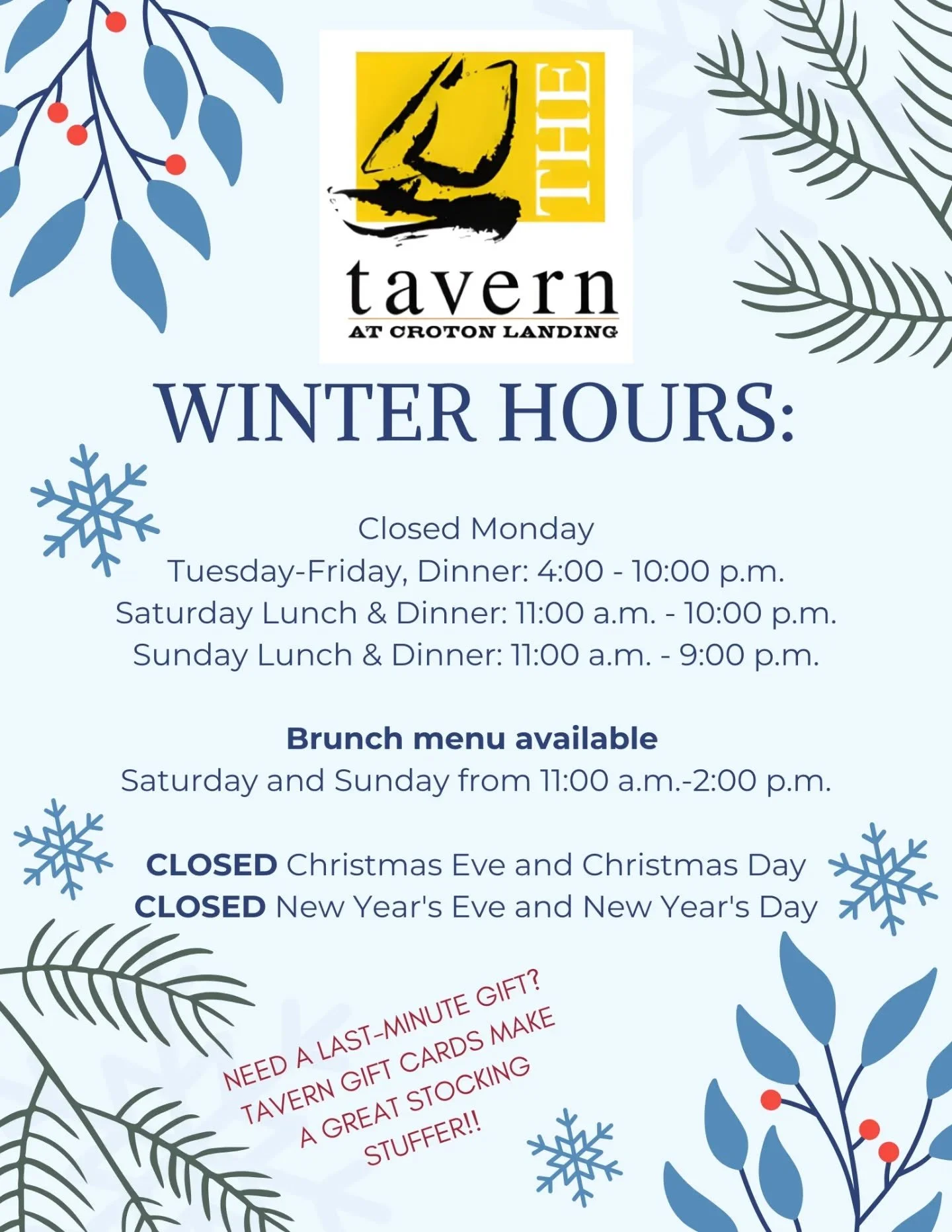 Happy Winter! We have new hires for the time being, please take note. ❄️❄️❄️

Keep in mind, if you're looking for a last-minute gift, Tavern gift cards make excellent stocking stuffers in any amount! 🎉🎉🎉

Happy holidays! We wish you all a season o