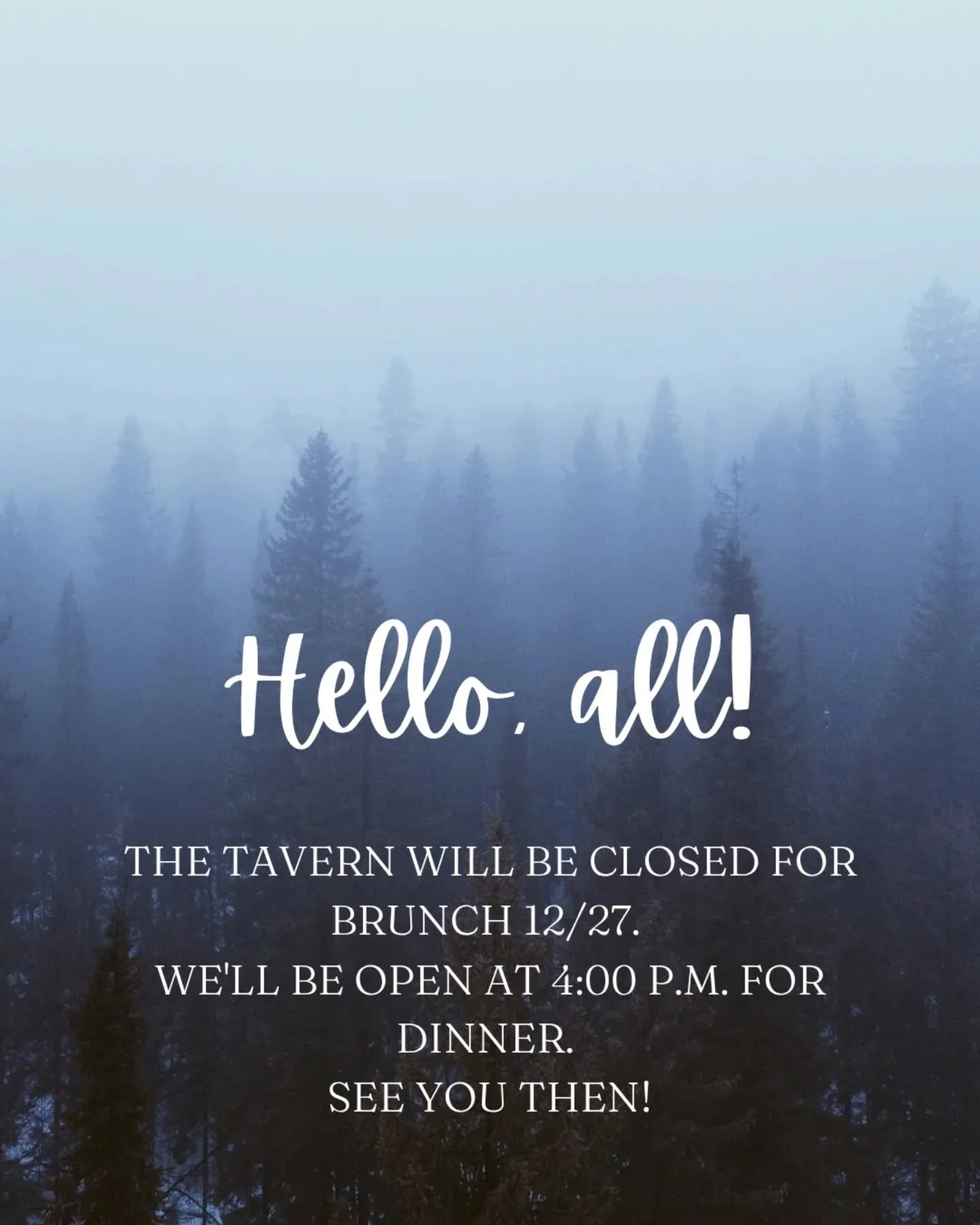 The weather outside is frightful...

But we'll be back to our delightful selves tomorrow at 4:00 p.m. for dinner- just NOT brunch. 

Forgive us! Stay safe and warm out there! ☃️☃️☃️