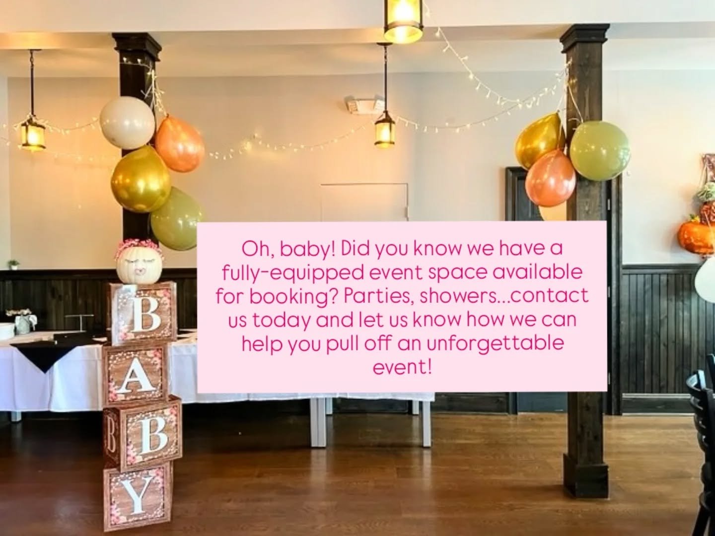Contact us on our website, thetavernatcrotonlanding.com, or call us today! 

We can't wait to help you plan an event that will knock your guest's socks off! 🥳🎉🥳

#thetavernatcrotonlanding 
#eventspace 
#babyshower
#bridalshower 
#partyroom 
#small