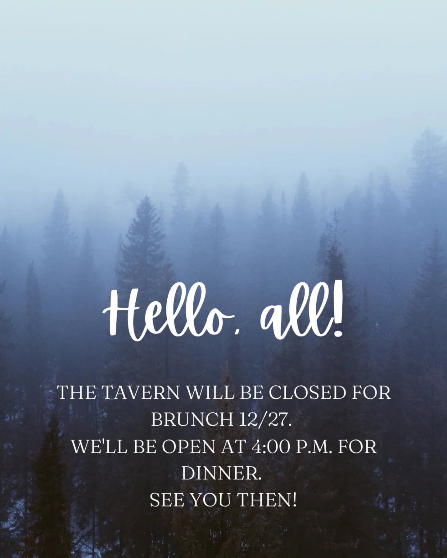 The weather outside is frightful...

But we'll be back to our delightful selves tomorrow at 4:00 p.m. for dinner- just NOT brunch. 

Forgive us! Stay safe and warm out there! ☃️☃️☃️