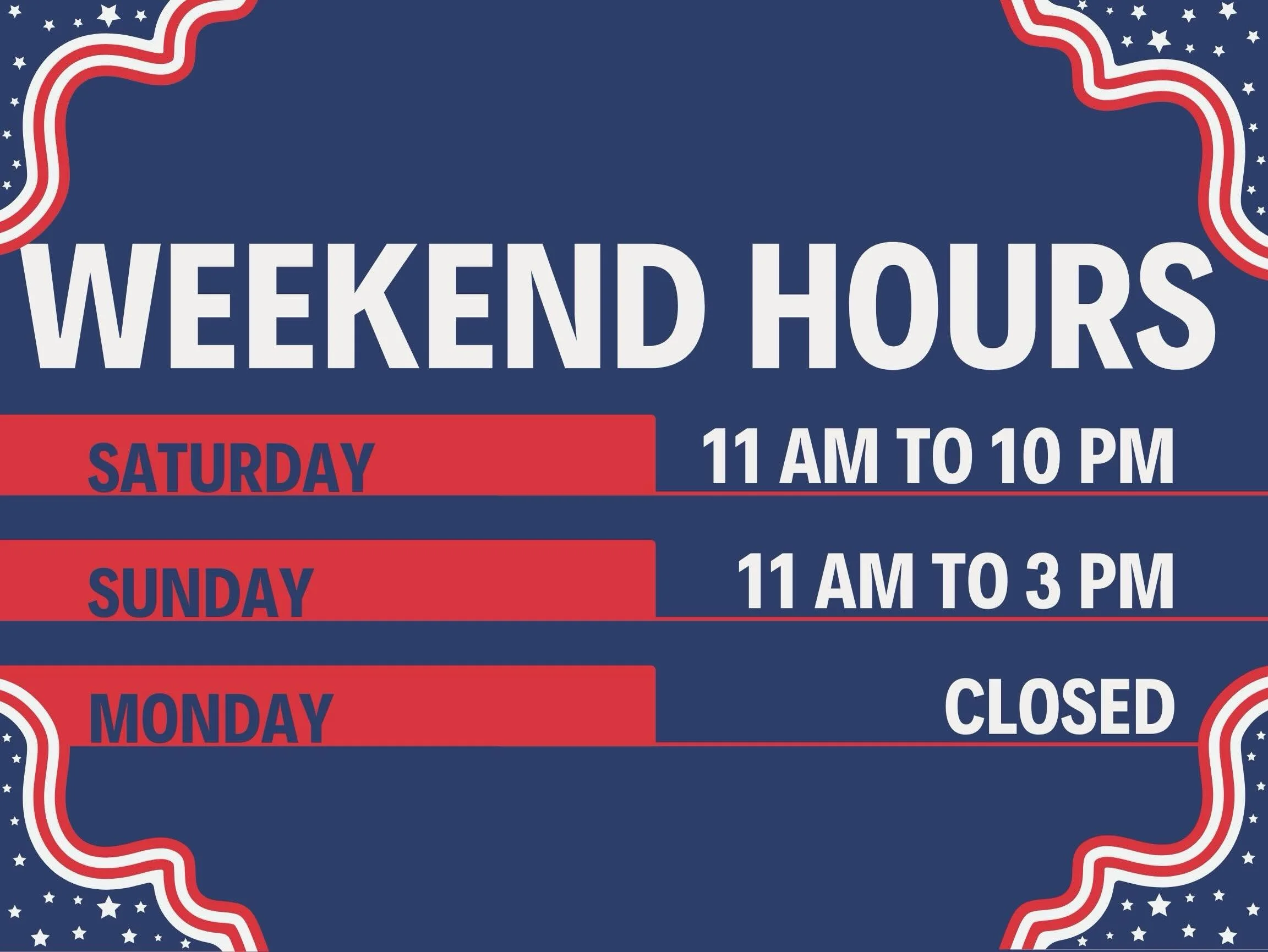 Holiday hours for this weekend ☀️ 🍔 🍻  SATURDAY: 11AM until 10PM  SUNDAY: 11AM until 3PM (we will be closing early)  MONDAY: CLOSED  Stop by, grab a drink and enjoy the long weekend with us