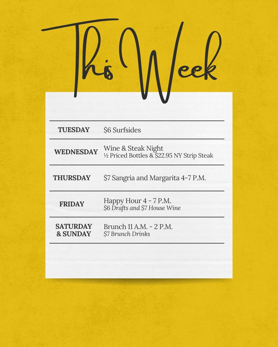 🔥 The weather is heating up.🔥

Luckily, so is the lineup this week. Surfside Tuesday, Steak Night Wednesday, Happy Hour Friday, and brunch all weekend.

Plus Knicks basketball on Wednesday night 🍻🏀

#TheTavernAtCrotonLanding #CrotonOnHudson #West