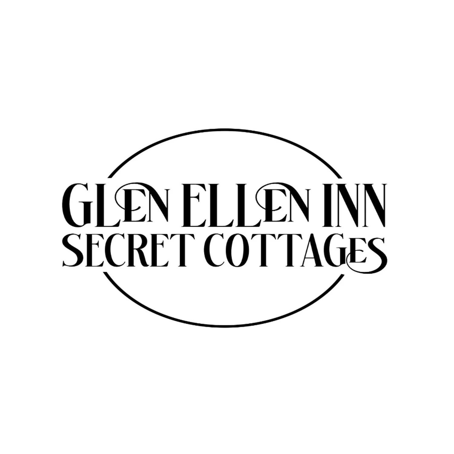 Black and white logo for Glen Ellen Inn Secret Cottages with stylized text inside an oval outline.