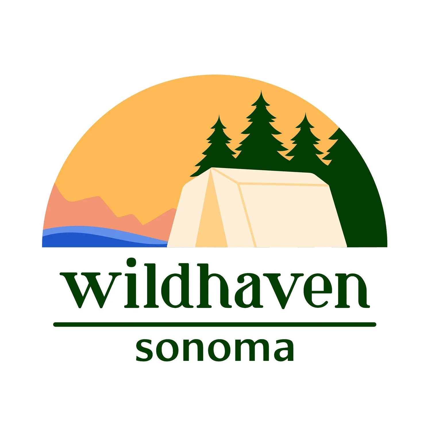Logo of Wildhaven Sonoma depicting a tent, pine trees, mountains, and a sunset with the text 'wildhaven sonoma'.