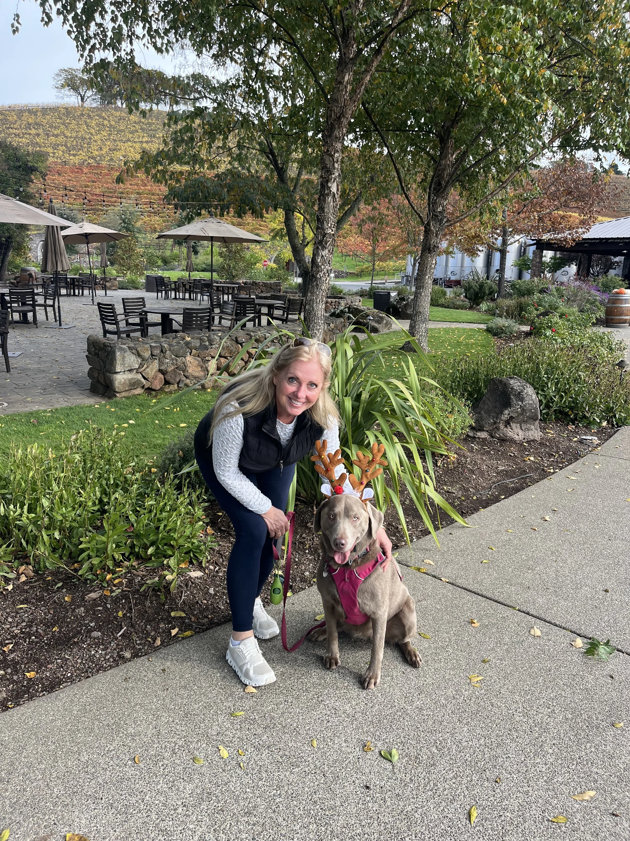 A woman with long blond hair crouching beside a gray dog wearing reindeer antlers and a pink harness, both on a sidewalk in a garden setting with trees, plants, and outdoor tables in the background.
