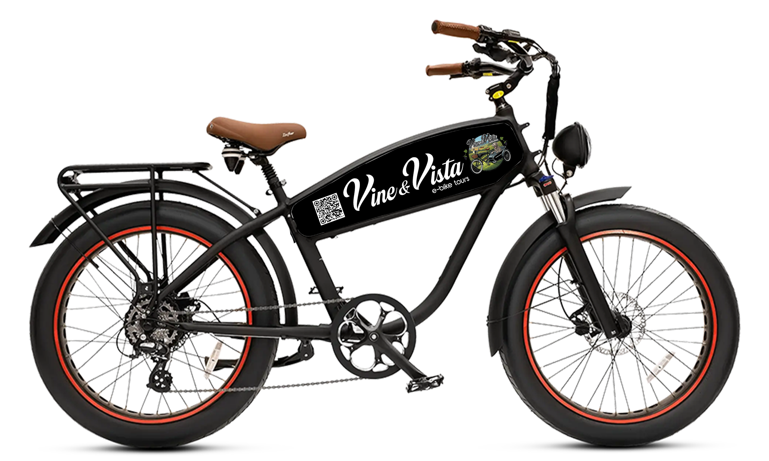 Black electric bicycle with brown saddle and handlebar grips, featuring a front headlight, rear rack, and a black frame with the text "Vine & Vista e-bike tours" and a QR code on the side.