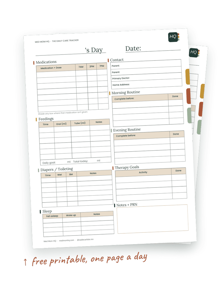 Two pages of the Daily Care Tracker printable: medications, feedings, diapers and toileting, sleep, morning and evening routines, therapy goals and notes.