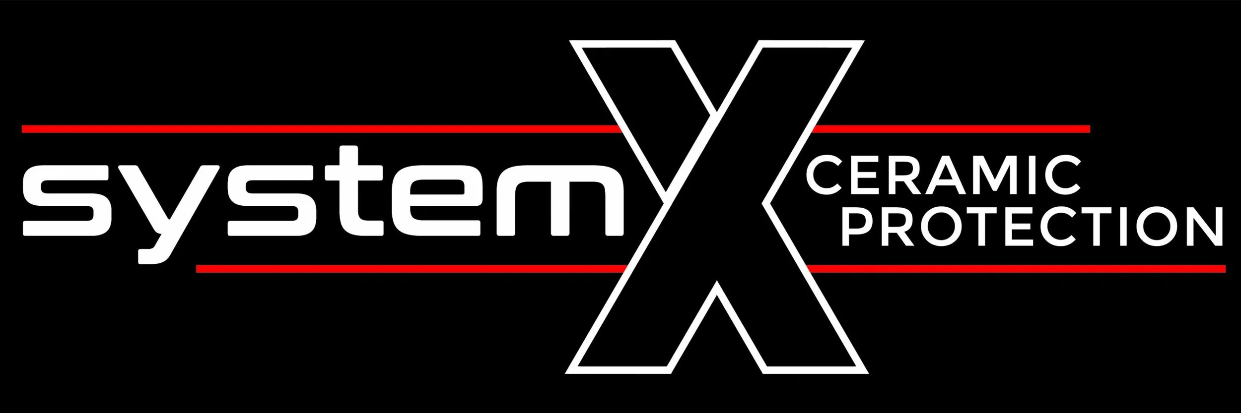 Logo with the text 'system X CERAMIC PROTECTION' on a black background, featuring red horizontal lines and a large white 'X' in the center.