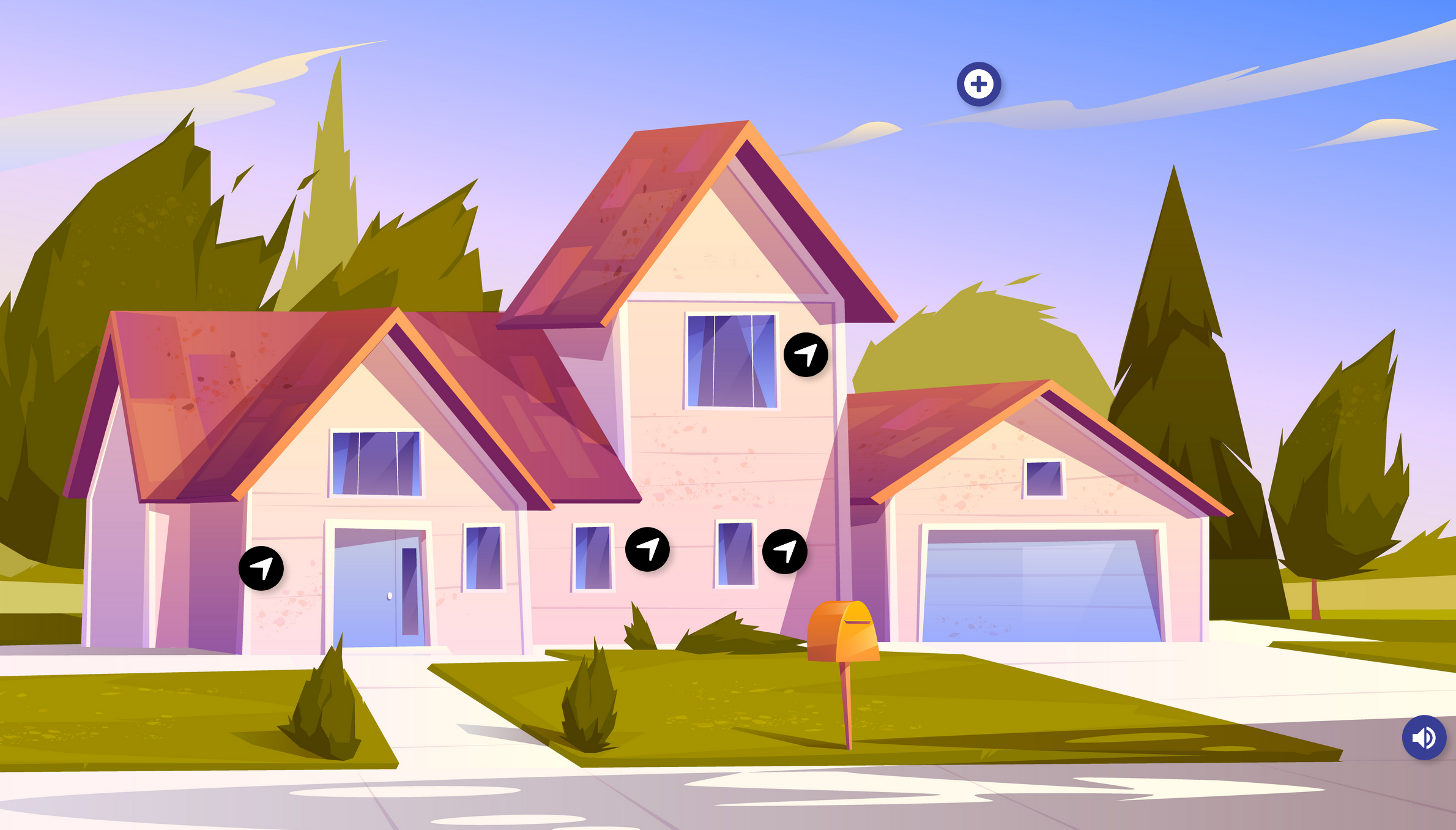 A cartoon-style illustration of a two-story house with a garage, set in a suburban neighborhood. The house has pink exterior walls, brownish-red roof shingles, and several windows. There are evergreen trees and a lawn in front of the house, along with a mailbox near the sidewalk.