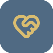 Gold heart-shaped handshake icon on a dark blue background