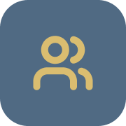 Icon of two stylized human figures, one larger and one smaller, in beige on a blue background, representing a group or family.