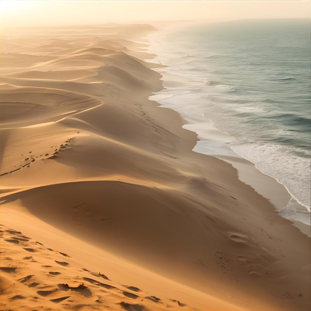 Paysage naturel de désert au bord de la mer, illustrant la sérénité et la connexion à la nature, symbolisant l’équilibre et le mieux-être des adolescents
