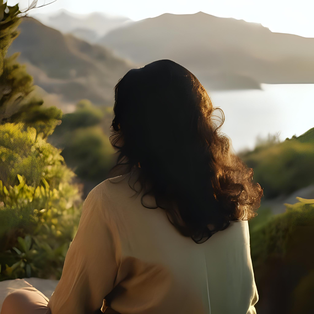 Vue de dos de la thérapeute dans un environnement naturel, symbolisant la bienveillance, la sérénité et l’accompagnement des adolescents vers le mieux-être