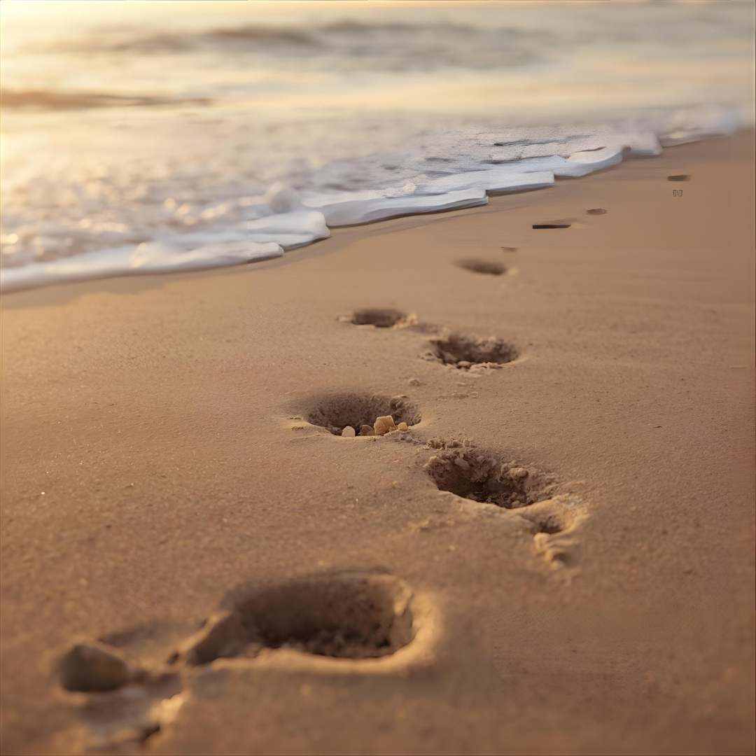 Empreintes de pas dans le sable, symbolisant le premier pas vers le mieux-être et le cheminement personnel des adolescents