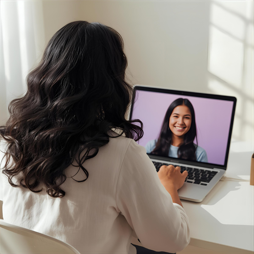 Vue de dos de la coach face à un ordinateur, avec une adolescente souriante en visio à l’écran, illustrant le premier rendez-vous et l’échange bienveillant avec l’adolescent à Béziers