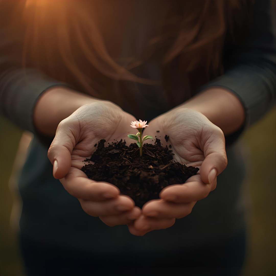 Mains tenant de la terre avec une petite fleur en train de pousser, symbolisant la persévérance, l’espoir et le développement précieux des adolescents