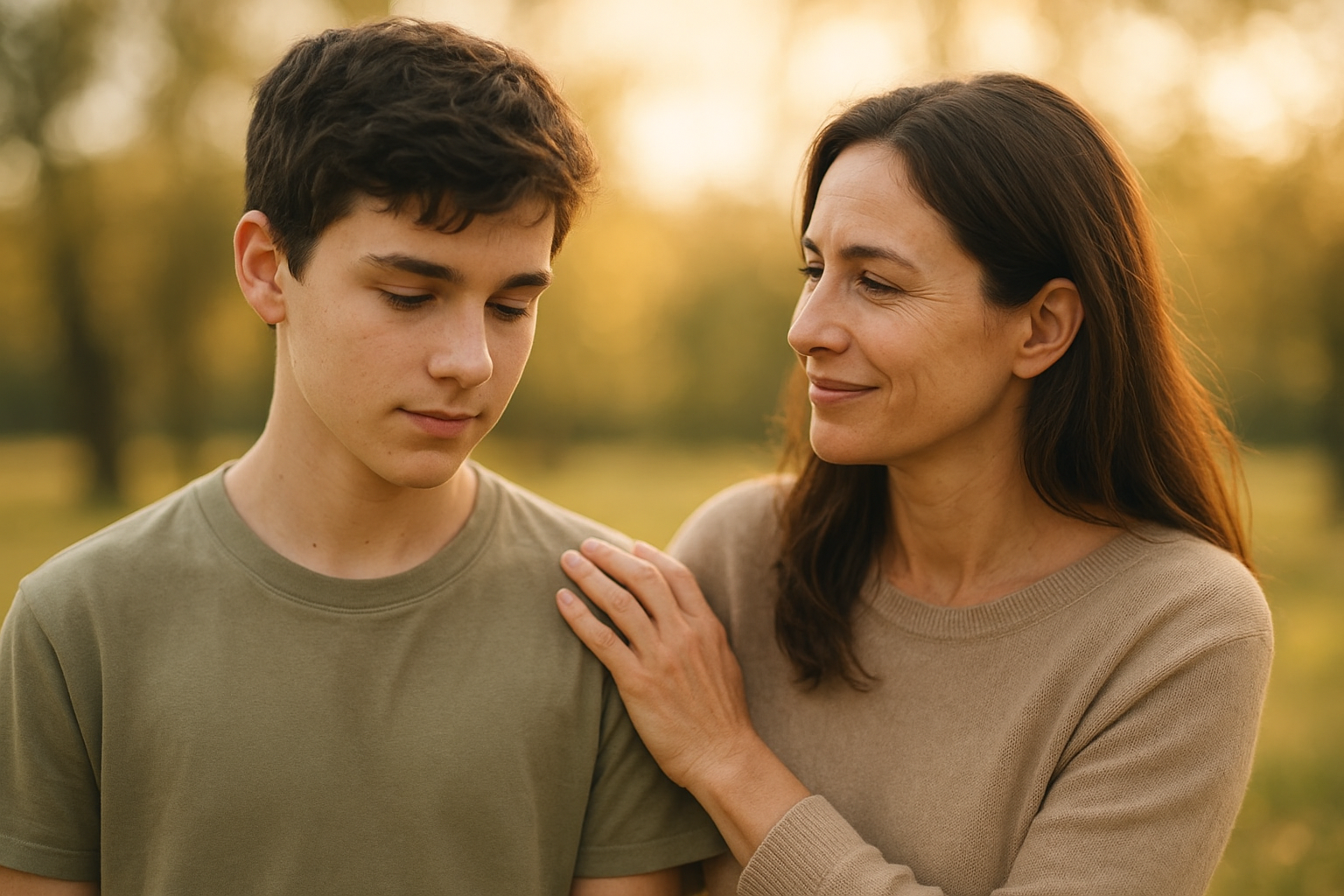 Mère posant sa main sur l’épaule de son adolescent souriant, symbolisant l’espoir et le mieux-être des adolescents à Béziers