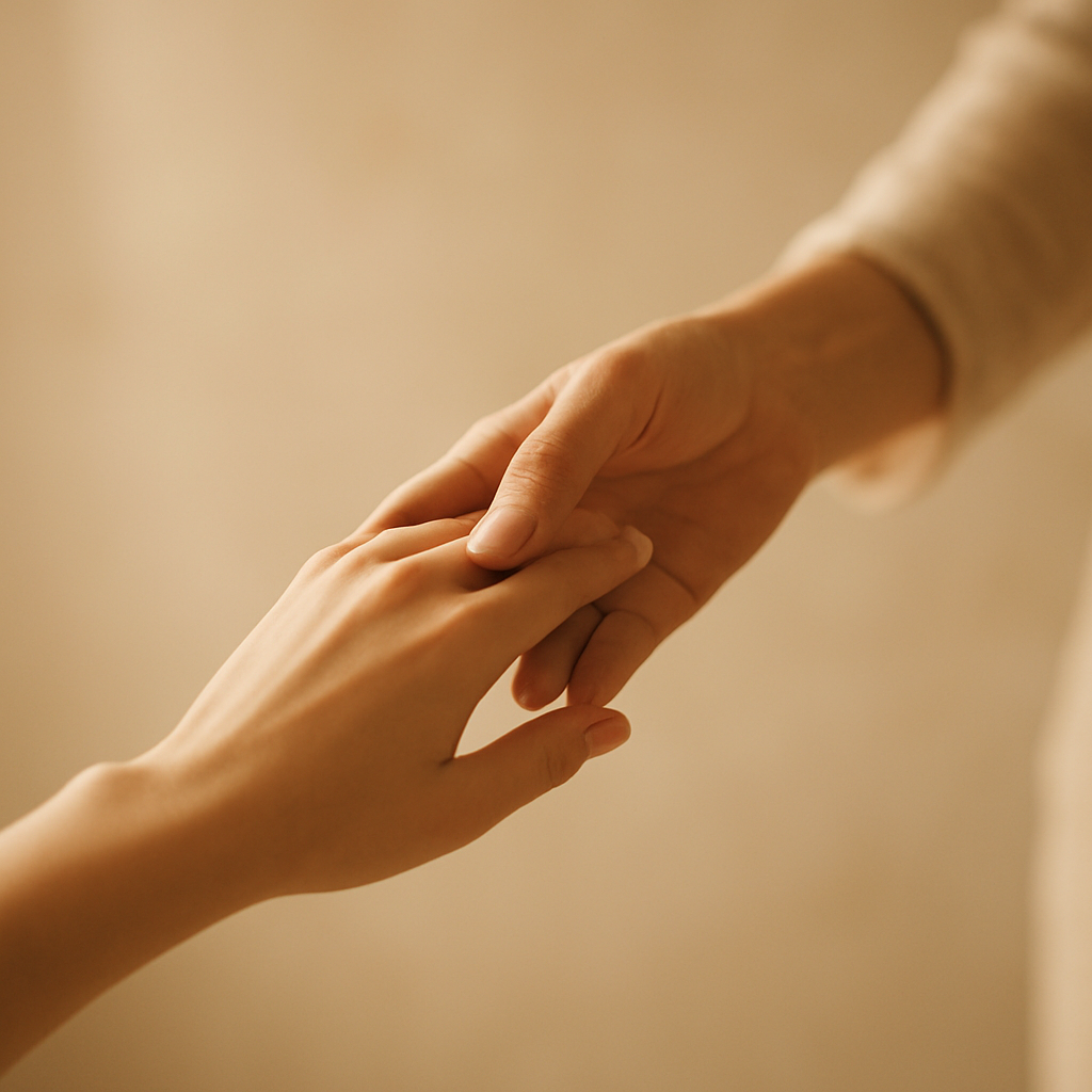 Main d’un adolescent délicatement tirée vers le haut par la main de la thérapeute, illustrant l’accompagnement et le soutien dans le mieux-être des adolescents