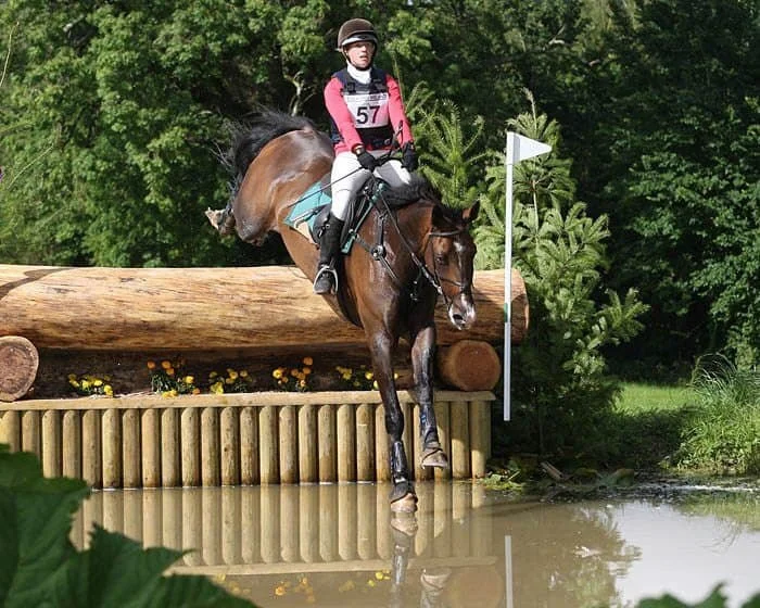 A female equestrian rider wearing a pink and black jacket, helmet, and riding gear guiding her horse over a wooden log jump into a water obstacle during an outdoor cross-country event surrounded by green trees.