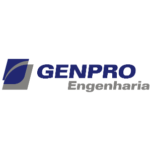 Logotipo da Genpro Engenharia, com símbolo azul e cinza e nome da empresa ao lado