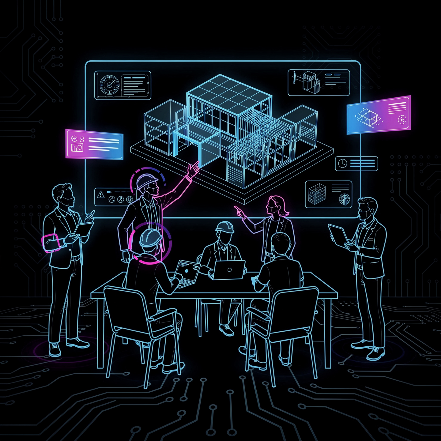 Ilustração de pessoas em uma reunião, analisando um projeto de construção futurista exibido na tela holográfica. As figuras estão usando laptops e tablets, com elementos gráficos e diagrama de uma estrutura de edifício ao fundo, em estilo de desenho digital com cores neon.