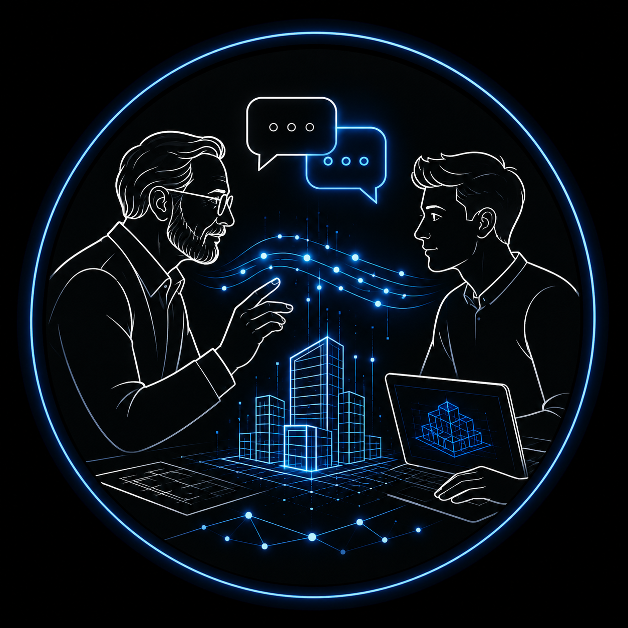 Ilustração digital de duas pessoas discutindo, com elementos de tecnologia e gráficos tridimensionais em neon azul, incluindo prédios e uma linha de conexão.