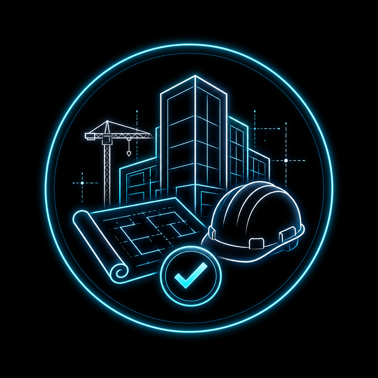 Ilustração digital de um projeto de construção com edifícios modernos, um capacete de engenheiro, um plano arquivador e uma régua, tudo em estilo neon, representando planejamento e construção civil.