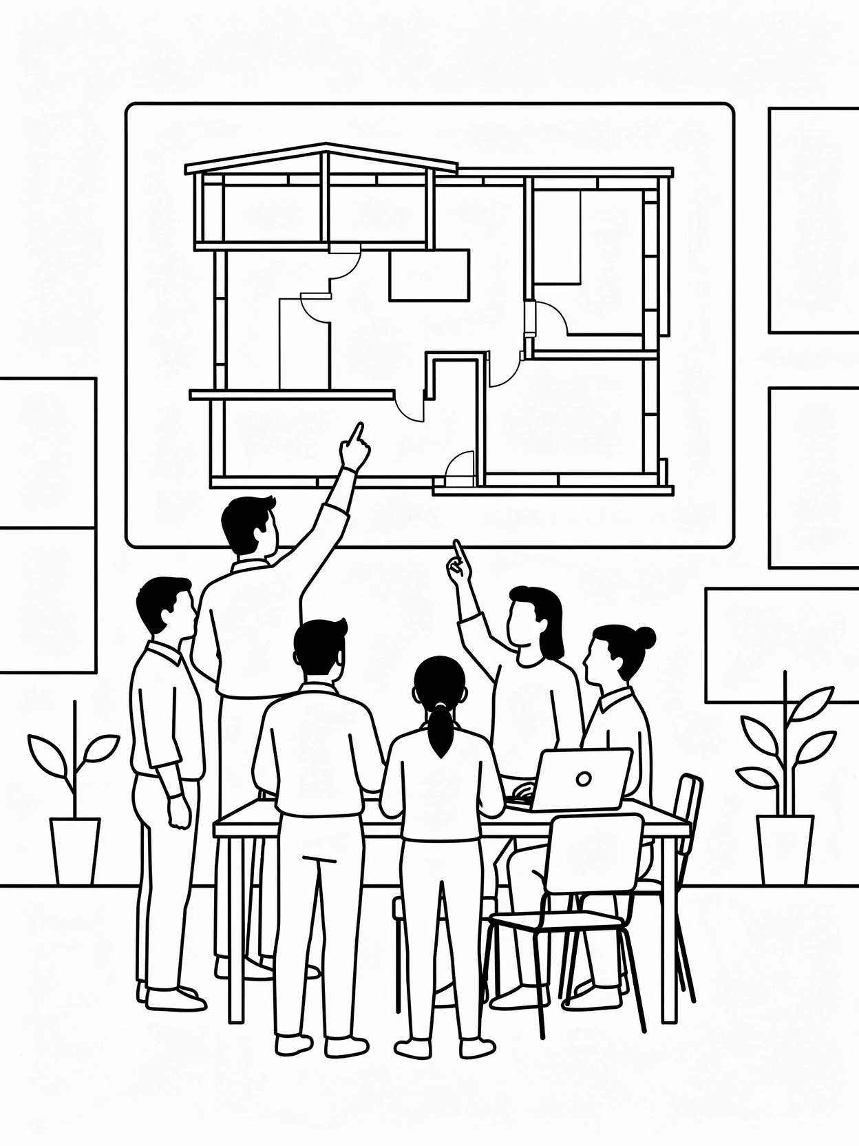 Reunião de arquitetura com várias pessoas discutindo um projeto de planta baixa de uma casa, com alguns participantes apontando para o desenho.
