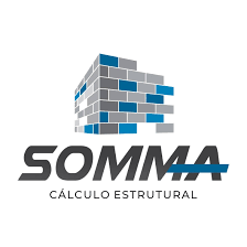 Logotipo da SOMMA Cálculo Estrutural com uma imagem estilizada de um edifício em blocos 3D e o nome da empresa.
