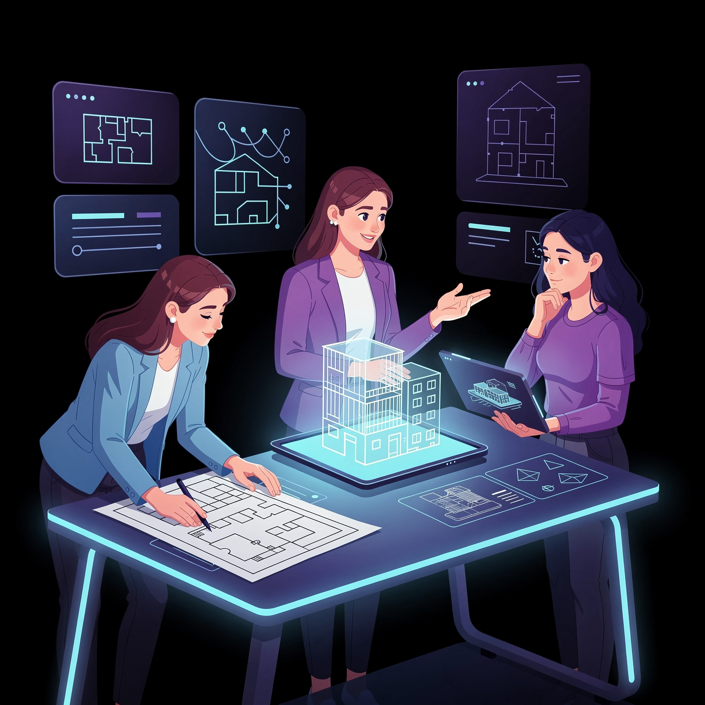 Três mulheres estudando planos de construção de um edifício usando tecnologia holográfica e digital, com desenhos arquitetônicos e esquemas ao redor.