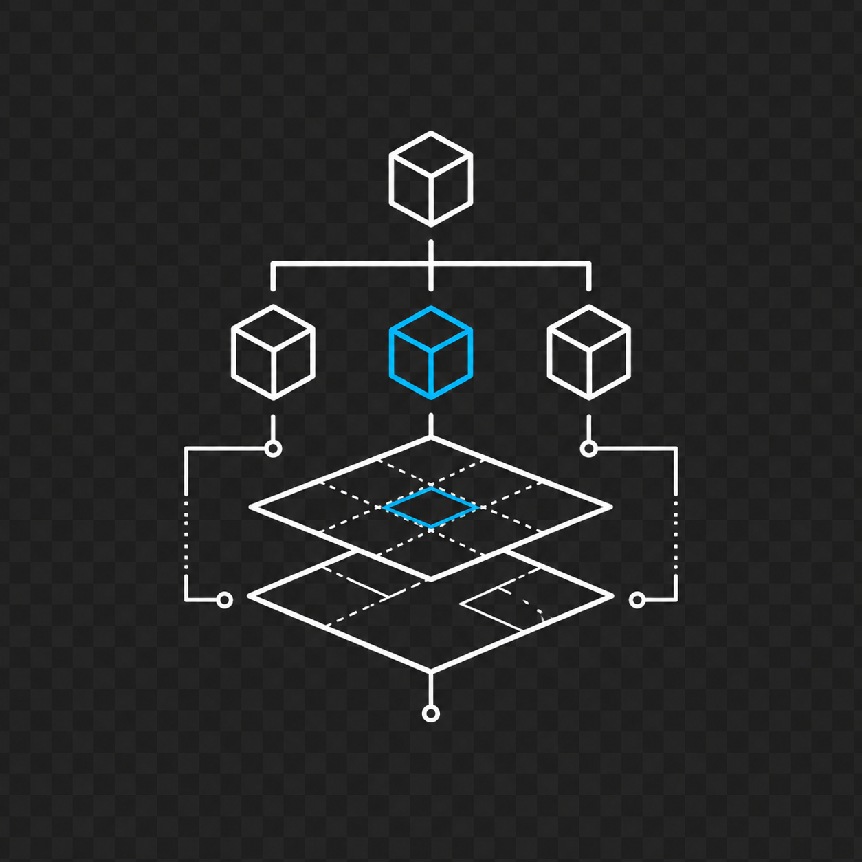 Diagrama técnico com cubos conectados, linhas e formas geométricas em estilo digital com fundos escuros e elementos em branco e azul.
