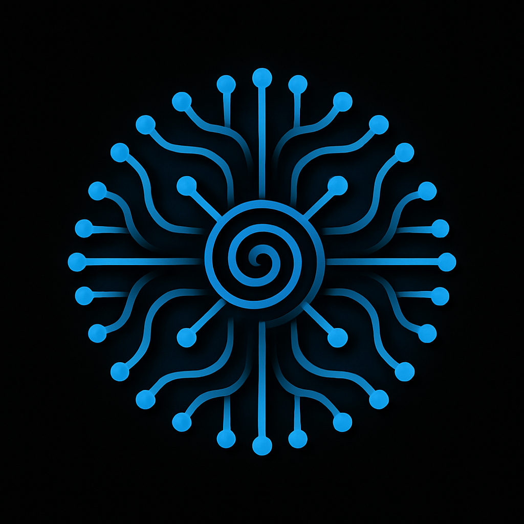 Ilustração digital de um símbolo em formato de mandala com linhas azul neon e pontos ao longo das linhas, formando um padrão circular em um fundo preto.