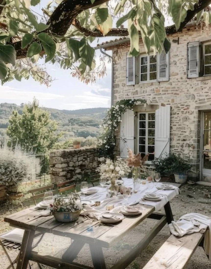 Table de dîner en plein air avec vaisselle et décorations florales, près d'une maison en pierre avec fenêtres à volets bleus, dans un jardin verdoyant avec vue sur la campagne.