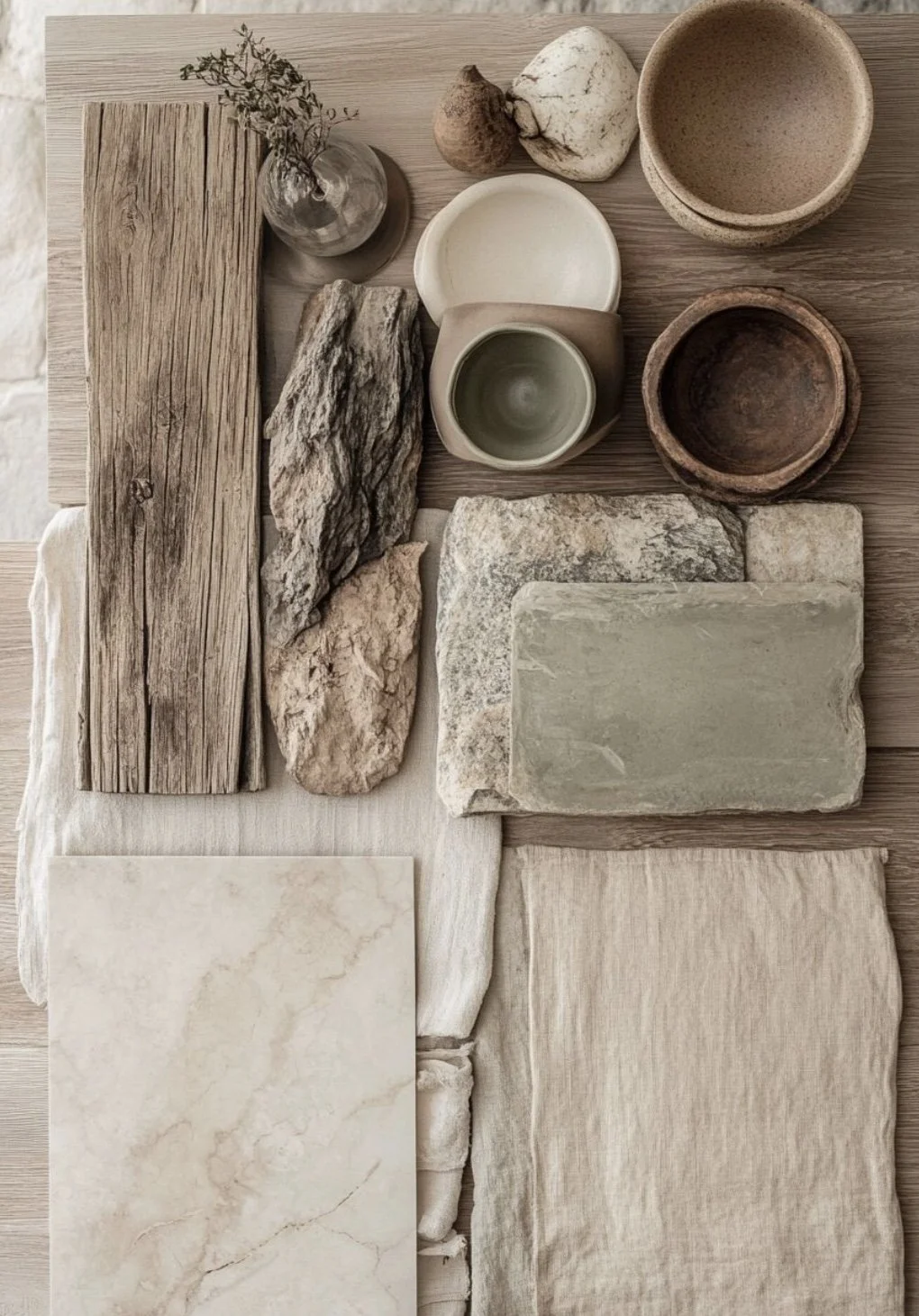 Différents matériaux naturels comme des pierres, du bois, des céramiques et des textiles, disposés sur une surface en bois, illustrant un choix de textures et de couleurs pour un design intérieur ou un projet artistique.