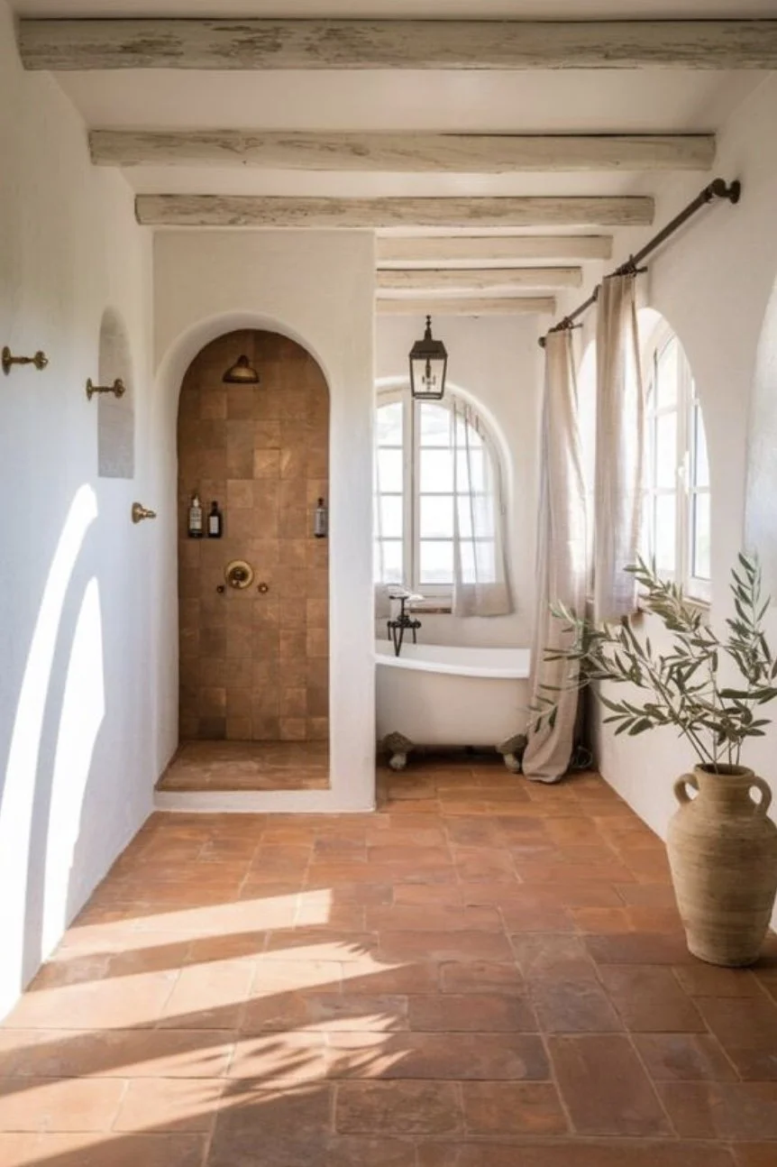 Salle de bain lumineuse avec baignoire à pieds, grands fenêtres avec rideaux, sol en carrelage terre cuite, pot contenant des branches vertes, peinture blanche, plafond avec poutres en bois peintes en blanc.