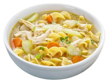 Bowl of chicken noodle soup with vegetables.