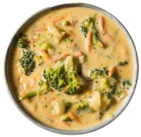 Bowl of broccoli and vegetable soup with chunks of vegetables in a creamy broth